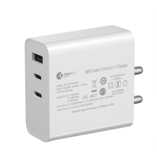 Okey-Tech 66W PD3.0 GaN 3 Ports in 1 Power Adaptor (BIS)