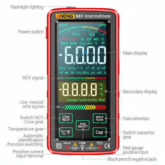 ANENG 683 Rechargeable Digital Multimeter with Large Touch Screen and Anti-Burn Technology