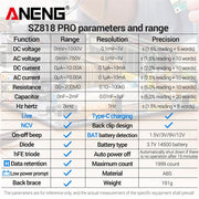 Aneng SZ818 PRO Multimeter with Type C Rechargeable Lithium Battery