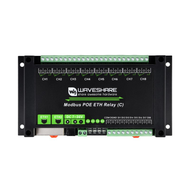 Dual Ethernet Ports 8-ch Relay Module (C), Modbus RTU Protocol, PoE Power Supply