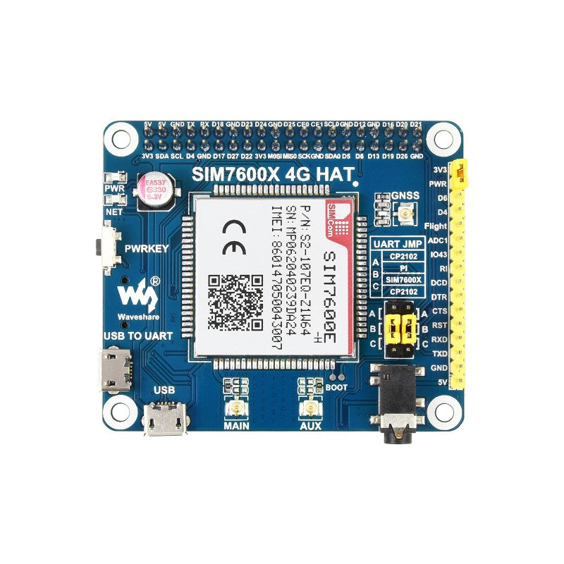 SIM7600E-H 4G HAT for Raspberry Pi, LTE Cat-4 4G / 3G / 2G, GNSS