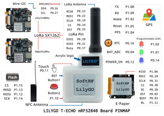 LILYGO TTGO T-Echo SoftRF NRF52840 SX1262 868MHz LoRa Module with 1.54 E-Paper display & BLE